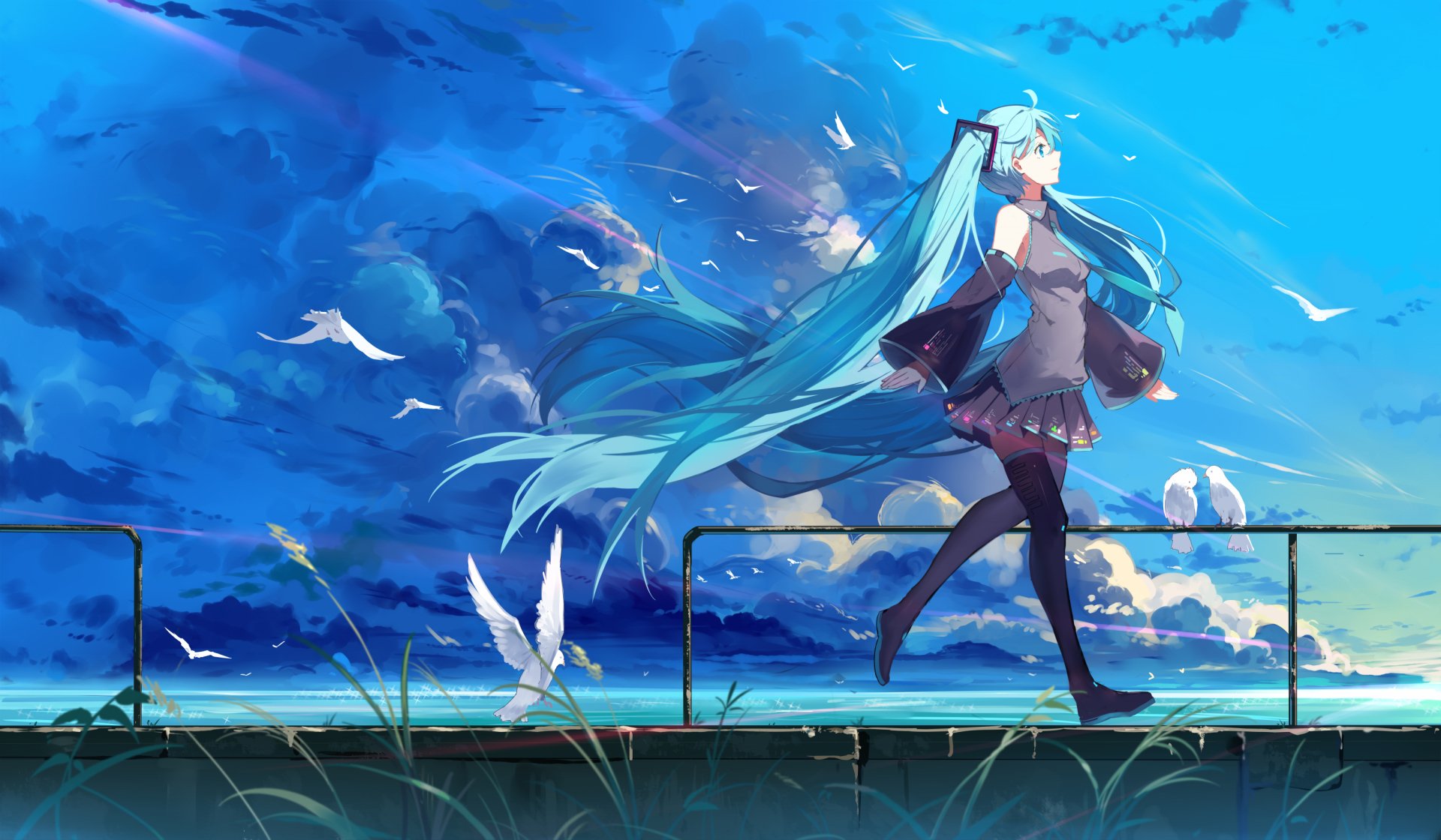 Hatsune Miku, a Vocaloid character, walks along a pier in a stunning anime landscape with a vibrant blue sky and flying seagulls. This HD desktop wallpaper captures a serene and picturesque moment.