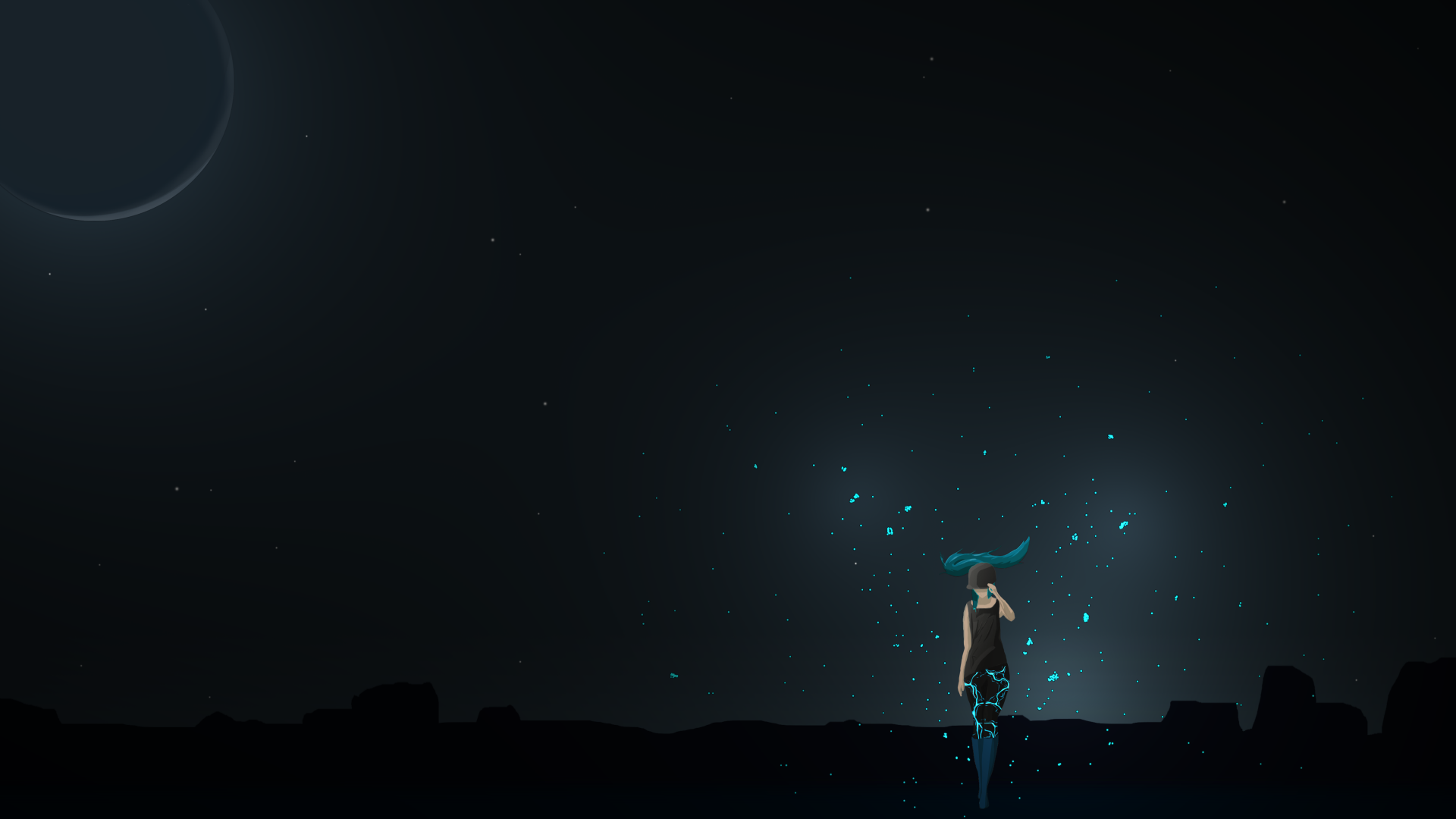 A woman stands in a cosmic landscape, surrounded by glowing particles, beneath a dark sky with a distant planet, capturing a captivating fantasy atmosphere in 4K Ultra HD.