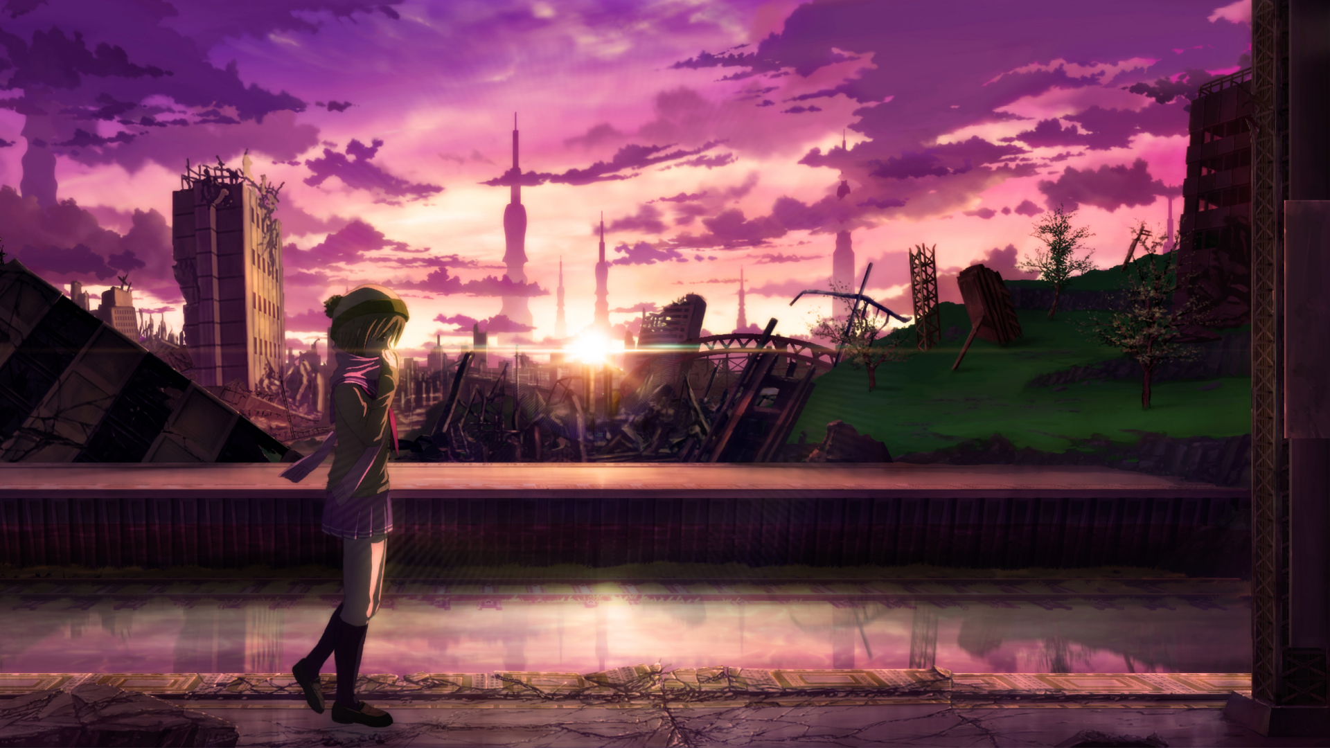 Anime-style HD desktop wallpaper depicting a solitary figure standing by a riverbank with a vibrant purple sunset and city skyline in the background, blending nature and urban elements.