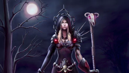 A dark and atmospheric 4K Ultra HD wallpaper featuring a mysterious figure in armor wielding a staff, set against a moonlit night, inspired by World of Warcraft.