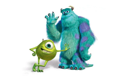 HD wallpaper featuring Mike Wazowski and James P. Sullivan from Monsters University against a white background.
