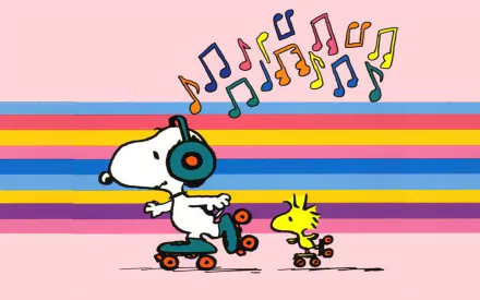 Snoopy and Woodstock enjoy roller skating to cheerful music against a vibrant striped background, showcasing a fun moment from the Peanuts comic series.