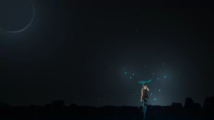 A woman stands in a cosmic landscape, surrounded by glowing particles, beneath a dark sky with a distant planet, capturing a captivating fantasy atmosphere in 4K Ultra HD.