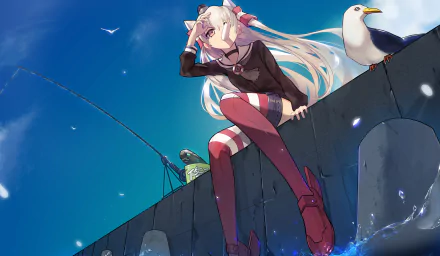 Amatsukaze from Kancolle sits on a pier, looking out at the sea. This vibrant anime wallpaper showcases her playful spirit and the serene coastal atmosphere.