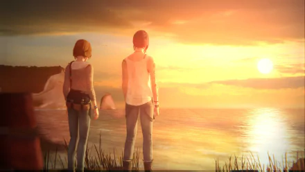 Max Caulfield and Chloe Price stand together watching a stunning sunset over the ocean, capturing a poignant moment from the video game Life Is Strange. HD wallpaper background.