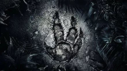 HD PC desktop wallpaper and background for the video game Evolve: a massive clawed paw print pressed into cracked earth, framed by dark jungle foliage.