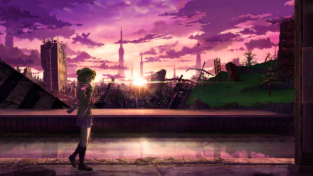Anime-style HD desktop wallpaper depicting a solitary figure standing by a riverbank with a vibrant purple sunset and city skyline in the background, blending nature and urban elements.