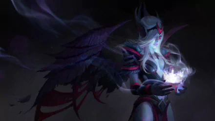 HD desktop wallpaper featuring Vengeful Spirit from DotA 2, characterized by pink eyes, white hair, and dark wings, depicted as an angelic figure in a dark background.