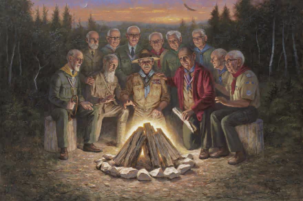 Artistic painting of a group of elderly campers gathered around a glowing campfire in a forest at dusk — outdoor camping scene rendered as a 2K Quad HD PC desktop wallpaper/background.