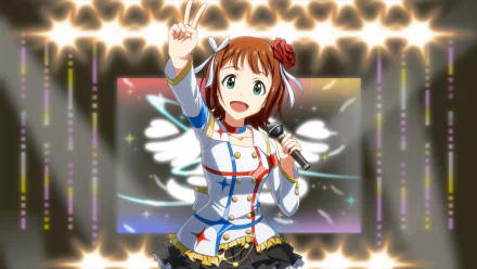 HD anime wallpaper featuring Haruka Amami from The iDOLM@STER, captured mid-performance on a brightly lit stage with a dynamic and energetic pose.