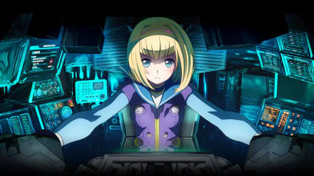 A dynamic HD wallpaper featuring Milinda Brantini from the anime Heavy Object, showcasing her focused expression amidst a futuristic cockpit filled with screens and controls.