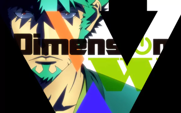 HD desktop wallpaper featuring Kyōma Mabuchi from Dimension W with a stylized graphic design background.