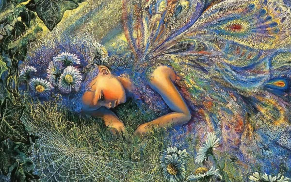 A dreamy little girl with butterfly wings rests amidst vibrant flowers and colorful foliage, embodying a whimsical fairy tale in this artistic fantasy wallpaper.