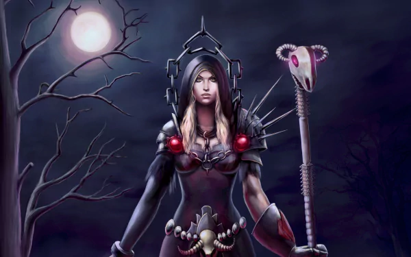 A dark and atmospheric 4K Ultra HD wallpaper featuring a mysterious figure in armor wielding a staff, set against a moonlit night, inspired by World of Warcraft.