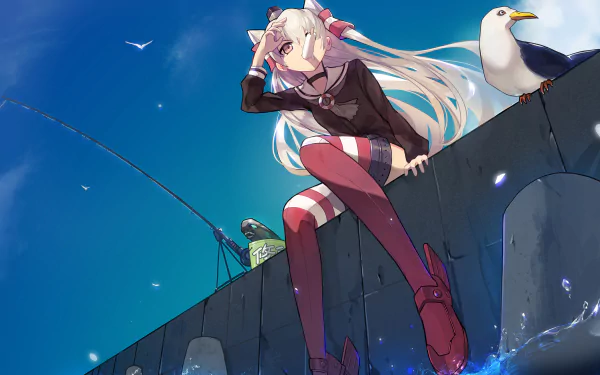 Amatsukaze from Kancolle sits on a pier, looking out at the sea. This vibrant anime wallpaper showcases her playful spirit and the serene coastal atmosphere.