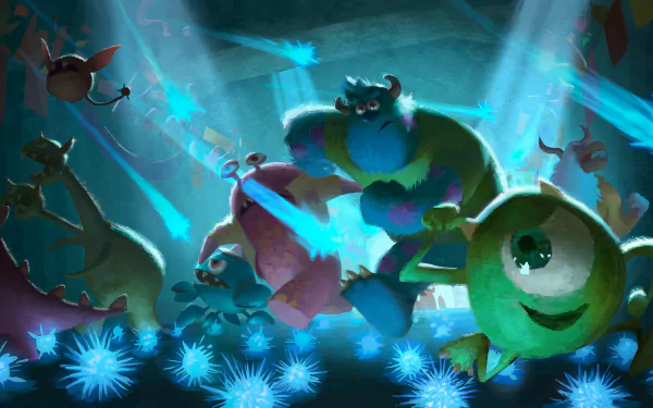 5K Ultra HD PC wallpaper of Mike Wazowski and James P. Sullivan from the movie Monsters University, posing amid blue spotlights and glowing stage effects