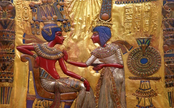 A vibrant HD wallpaper featuring an Egyptian scene, showcasing intricately detailed figures adorned in colorful attire against a golden background.