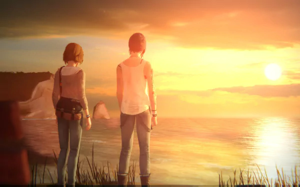 Max Caulfield and Chloe Price stand together watching a stunning sunset over the ocean, capturing a poignant moment from the video game Life Is Strange. HD wallpaper background.