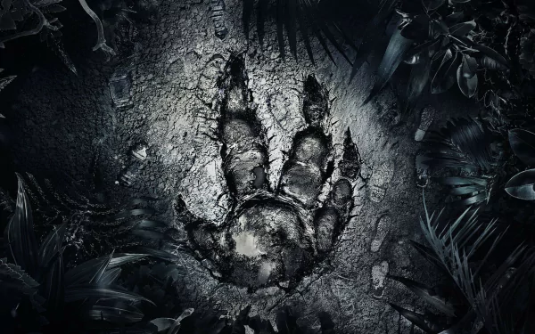 HD PC desktop wallpaper and background for the video game Evolve: a massive clawed paw print pressed into cracked earth, framed by dark jungle foliage.