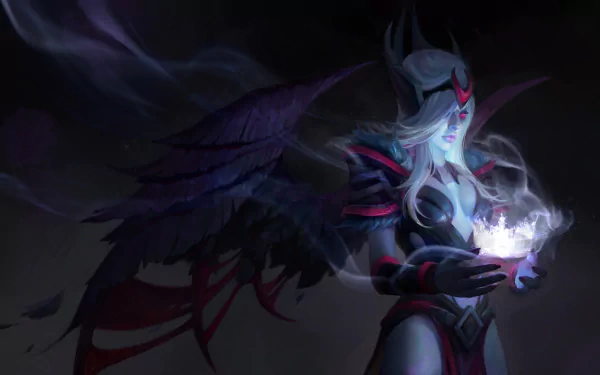 HD desktop wallpaper featuring Vengeful Spirit from DotA 2, characterized by pink eyes, white hair, and dark wings, depicted as an angelic figure in a dark background.