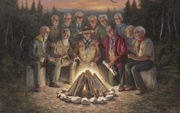Artistic painting of a group of elderly campers gathered around a glowing campfire in a forest at dusk — outdoor camping scene rendered as a 2K Quad HD PC desktop wallpaper/background.