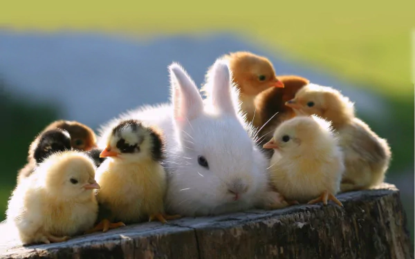 A cute white bunny surrounded by fluffy chicks, set against a blurred green background, captured in a high-definition PC desktop wallpaper.