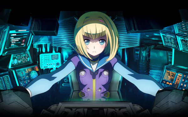 A dynamic HD wallpaper featuring Milinda Brantini from the anime Heavy Object, showcasing her focused expression amidst a futuristic cockpit filled with screens and controls.