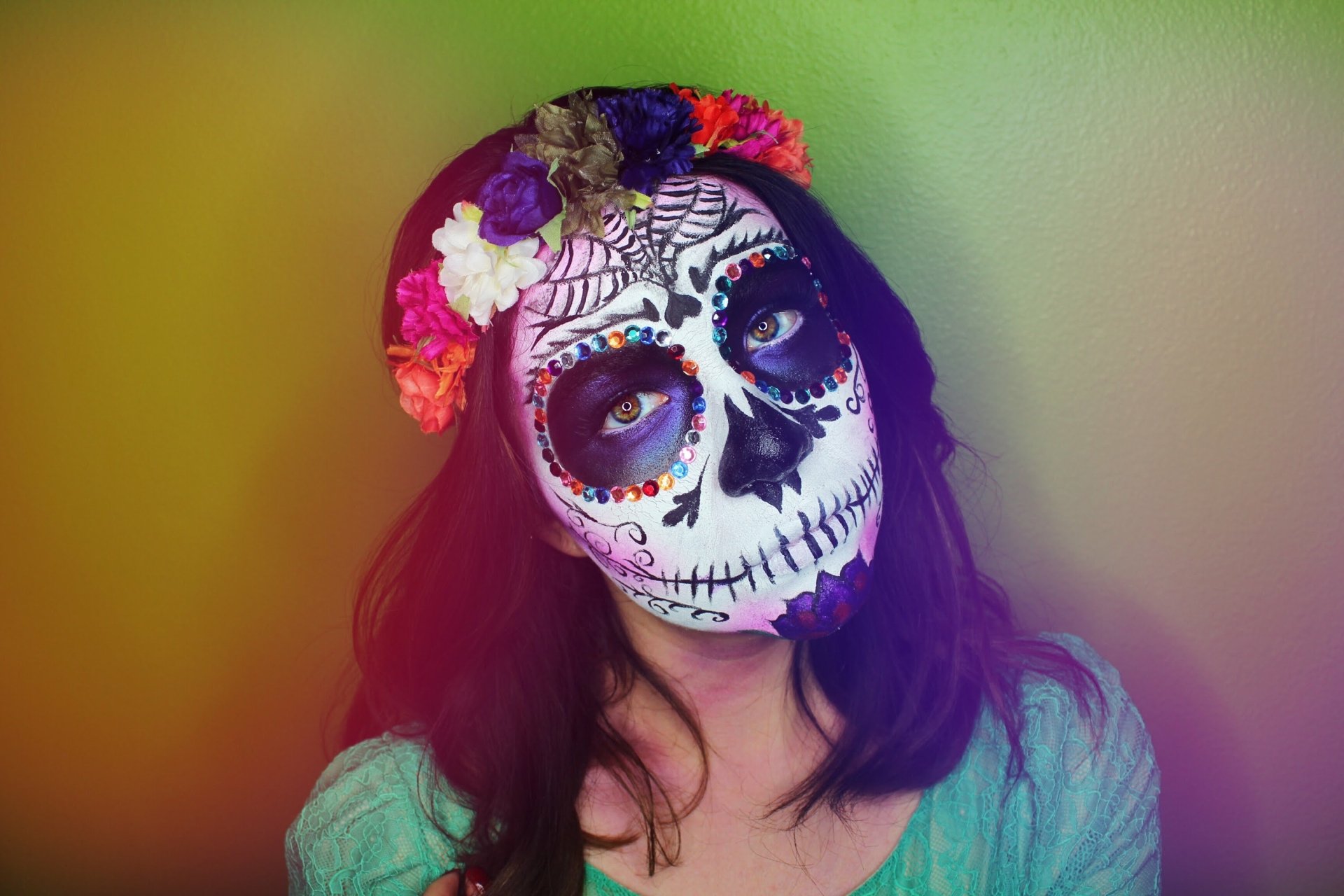 Download Wreath Brunette Artistic Sugar Skull HD Wallpaper