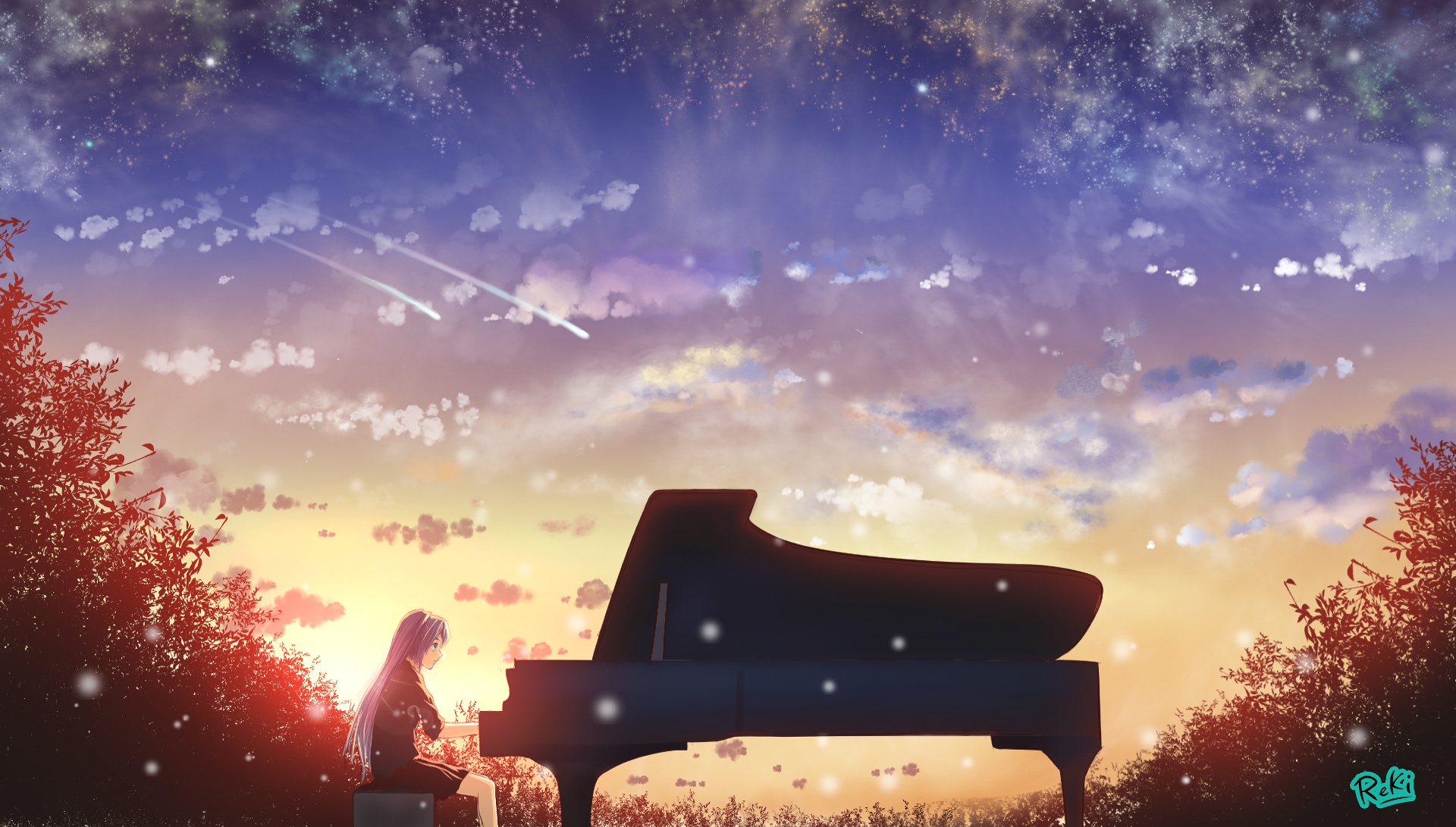 A stunning HD wallpaper featuring Hatsune Miku, the iconic Vocaloid, sitting at a grand piano against a breathtaking sunset and starry sky, embodying a serene anime aesthetic.