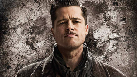 HD desktop wallpaper featuring Brad Pitt as a character from the movie Inglourious Basterds against a textured, weathered wall background.