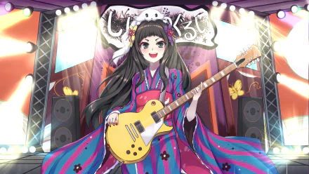 HD PC desktop wallpaper featuring Marimari from Show By Rock!! anime, playing electric guitar on a vibrant, colorful stage with dynamic lighting effects.
