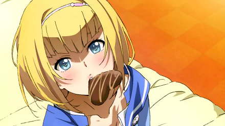 Anime-style close-up of a blonde girl from Heavy Object eating bread, featured in a vibrant 4K Ultra HD PC desktop wallpaper.