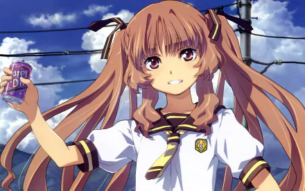 Remon Yamano (Waiting in the Summer), anime girl in school uniform holding a can, smiling beneath power lines and a bright blue sky — 2K Quad HD PC desktop wallpaper/background.