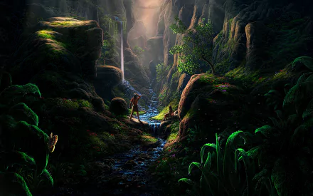 A mystical forest scene featuring a tranquil waterfall surrounded by lush greenery and dramatic rock formations, inviting exploration in a rich fantasy landscape.