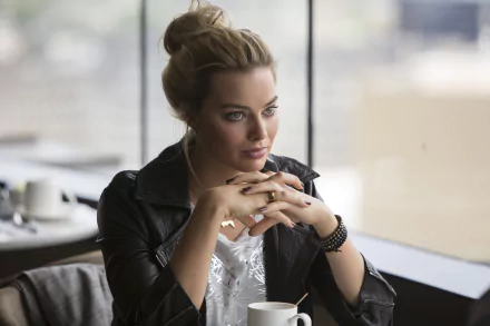 A stunning Margot Robbie, an Australian actress with blonde hair and blue eyes, gazes thoughtfully from a café, creating an engaging HD wallpaper background.