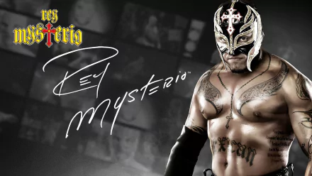 HD WWE desktop wallpaper featuring a masked wrestler with Rey Mysterio text overlay.