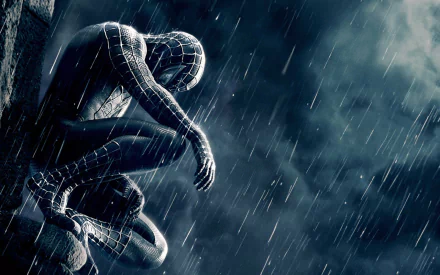 HD desktop wallpaper featuring Spider-Man from Spider-Man 3, crouching on a building in the rain at night.