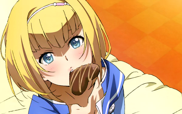 Anime-style close-up of a blonde girl from Heavy Object eating bread, featured in a vibrant 4K Ultra HD PC desktop wallpaper.