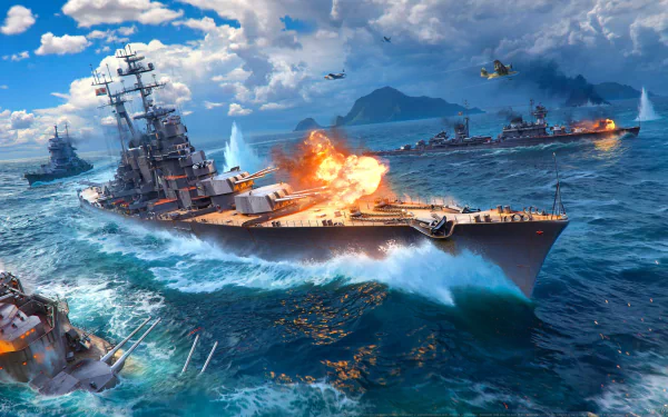 A dynamic scene from the video game World of Warships, featuring a battleship engaged in combat with explosions and naval vessels in a vibrant ocean backdrop. HD desktop wallpaper.