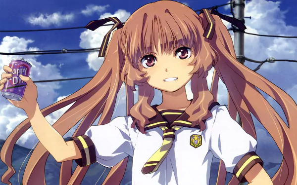 Remon Yamano (Waiting in the Summer), anime girl in school uniform holding a can, smiling beneath power lines and a bright blue sky — 2K Quad HD PC desktop wallpaper/background.