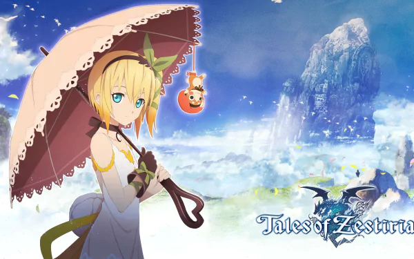 Edna from Tales of Zestiria holds a pink umbrella against a bright sky, set in a detailed HD desktop wallpaper featuring her short blonde hair and striking blue eyes.