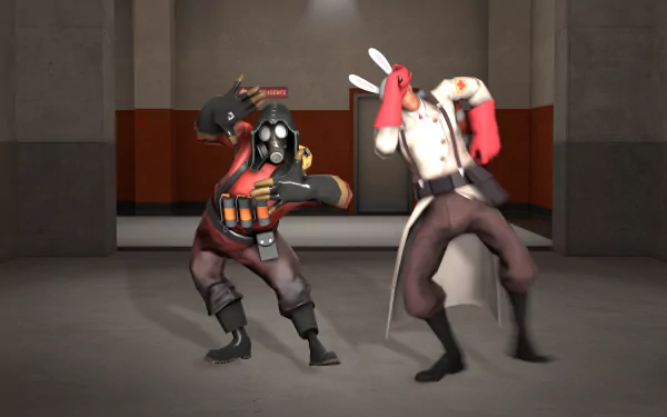 Two Team Fortress 2 characters dance humorously, one wearing white bunny ears, showcased in a 4K Ultra HD PC desktop wallpaper background.