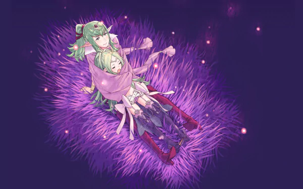 HD PC desktop wallpaper featuring characters from the video game Fire Emblem Fates resting on a glowing purple field under a dark starry sky.