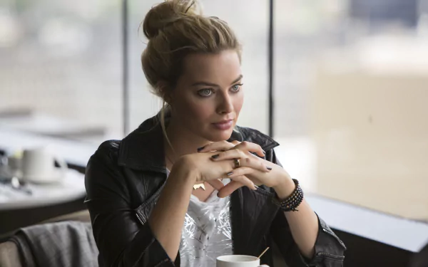 A stunning Margot Robbie, an Australian actress with blonde hair and blue eyes, gazes thoughtfully from a café, creating an engaging HD wallpaper background.