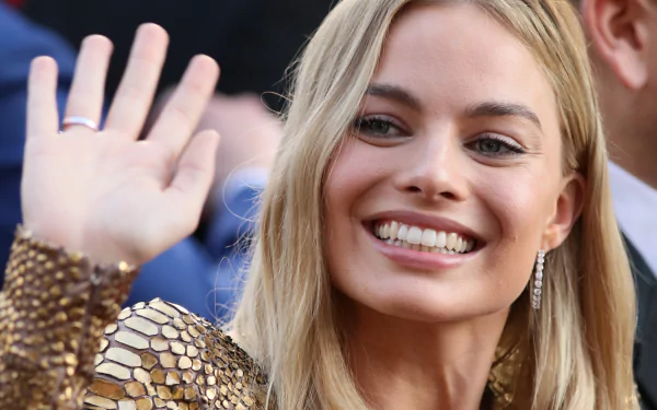 A smiling Margot Robbie, a blonde Australian actress, waves at an event, showcasing her glamorous style in a stunning outfit. This HD image makes a vibrant desktop wallpaper.