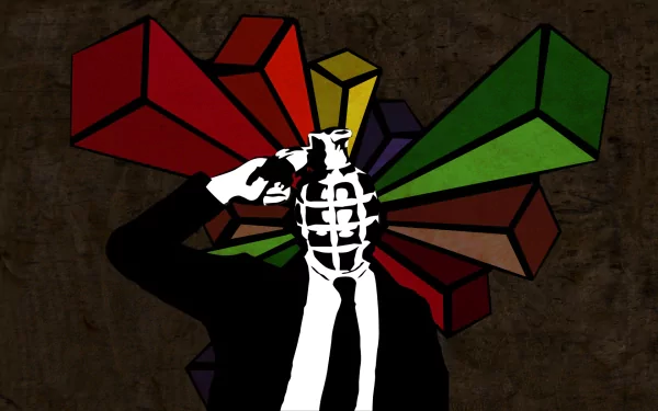 A striking vector illustration of a faceless figure in a suit with a grenade for a head, surrounded by vibrant geometric shapes, serving as a high-definition desktop wallpaper.
