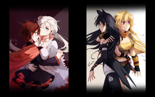 Dynamic HD wallpaper featuring characters Ruby Rose, Yang Xiao Long, Blake Belladonna, and Weiss Schnee from the anime RWBY, capturing their vibrant personalities and dramatic poses.