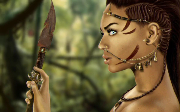 Fantasy woman warrior with aqua eyes, facial piercings and ornate jewelry, braided hair, gripping a spear in a lush forest — 2K Quad HD PC desktop wallpaper/background.