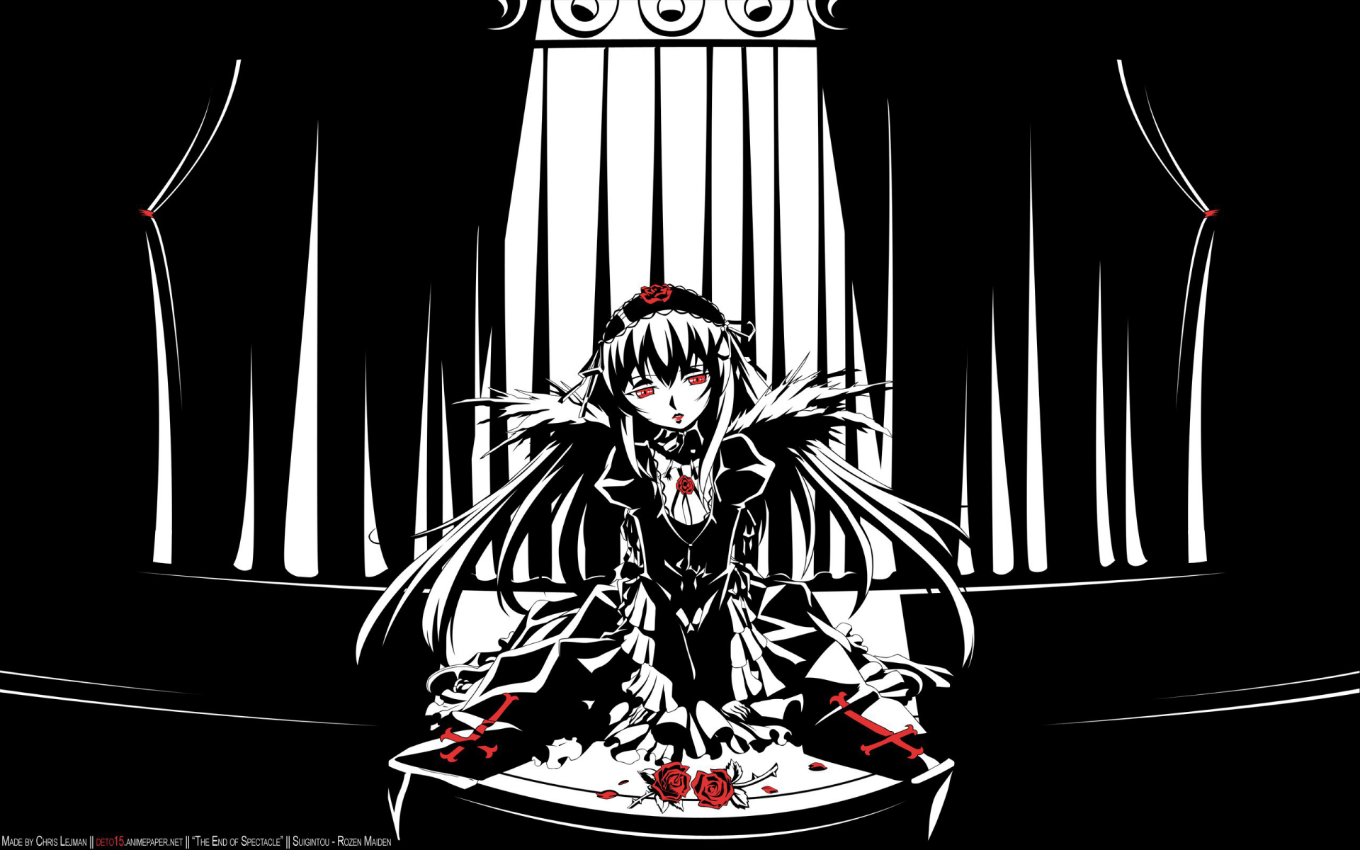 Rozen Maiden anime 2K Quad HD PC wallpaper: gothic black-and-white scene of a dolllike character kneeling before tall cage-like pillars, red roses and eyes.