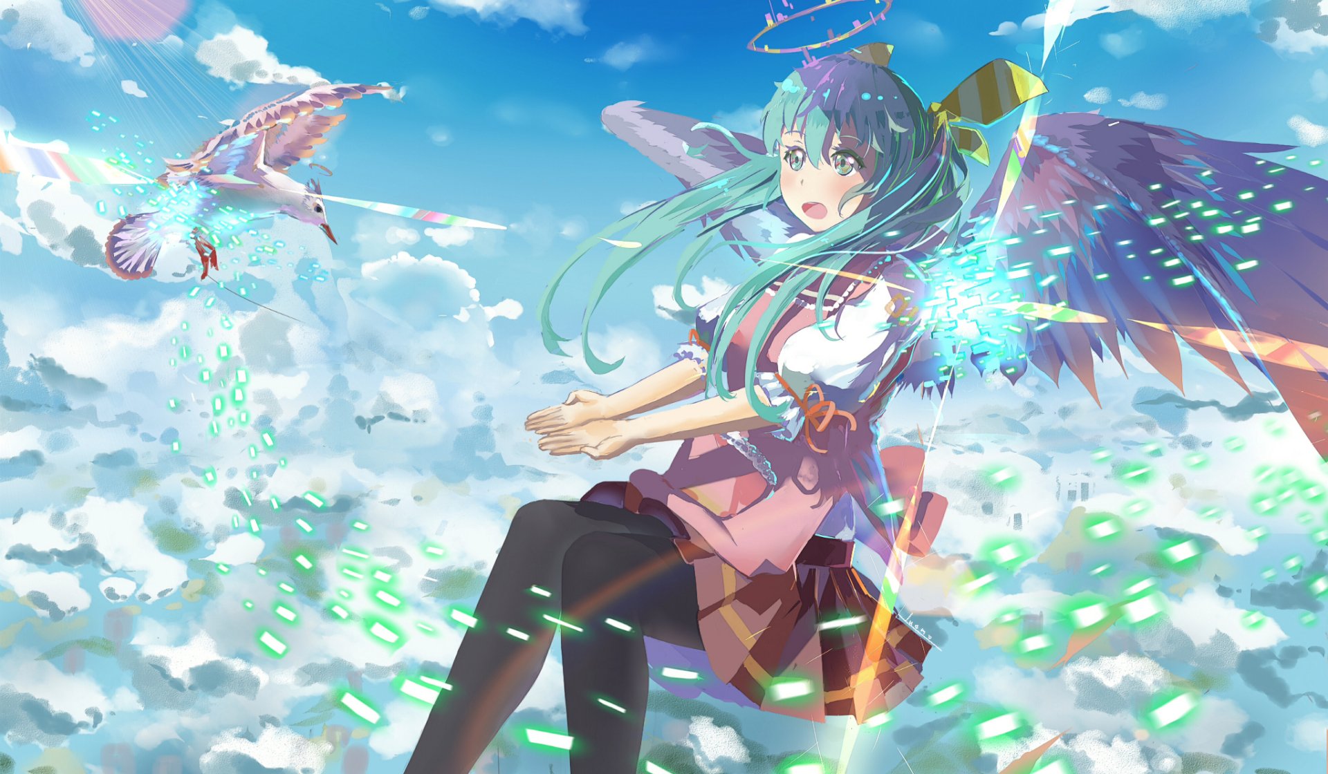 Anime-inspired HD wallpaper featuring Hatsune Miku with blue twintails and wings, surrounded by clouds and a bird, set against a vibrant sky with sparkling effects.